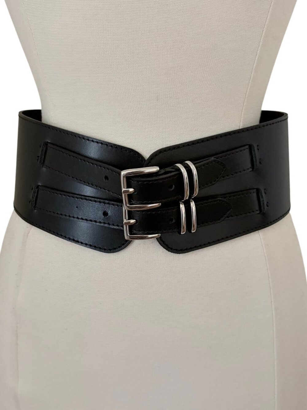 United Colors Of BENETTON wide black leather belt S double buckle